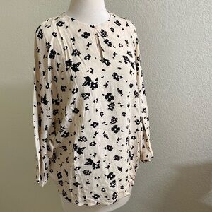 Uniqlo Printed 3/4 Sleeve Blouse‎ Off White Floral Rayon L NWT